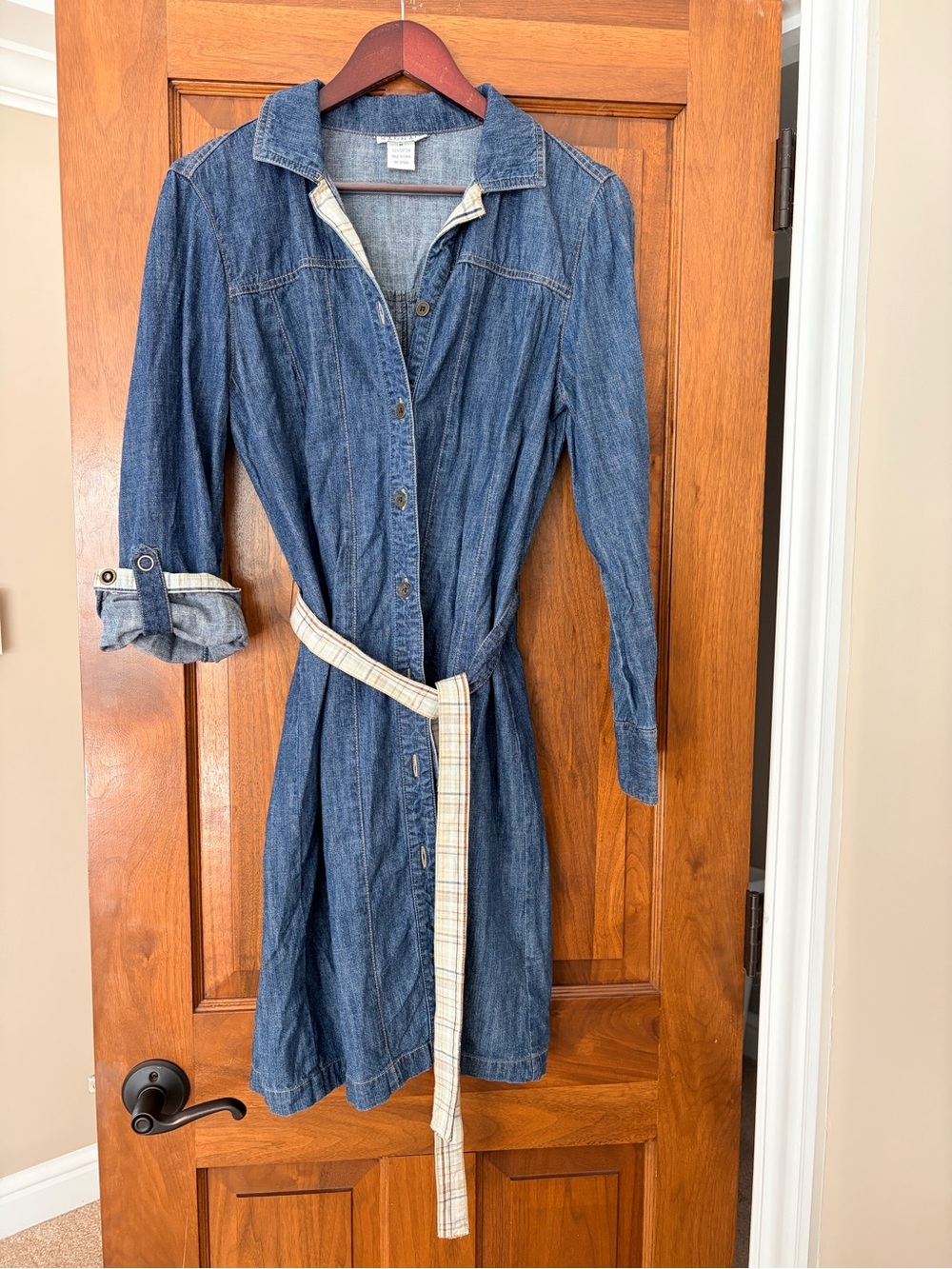 Hannah Indigo Denim Midi Shirt Dress with reversible Plaid Belt